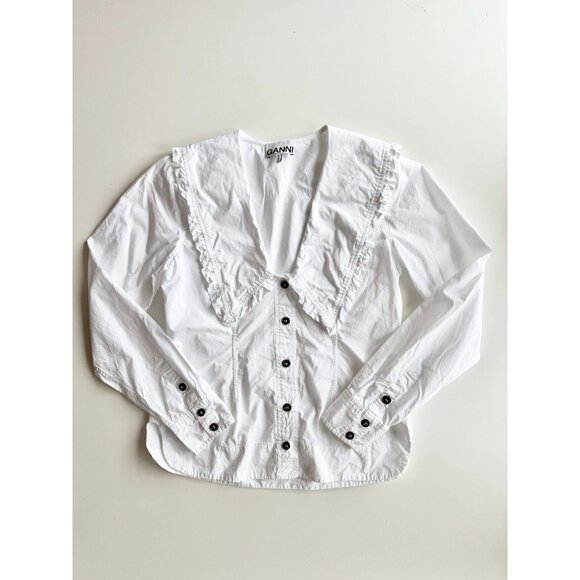 GANNI White Cotton Poplin V-Neck Frill Collar Button Up Shirt Blouse, Size 32/0 - Picture 6 of 16